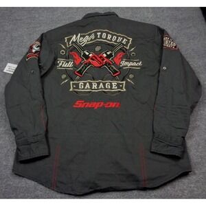 Snap-On Tools Work Shirt Mens L Gray Embroidered Button Up Long Sleeve Oil Can